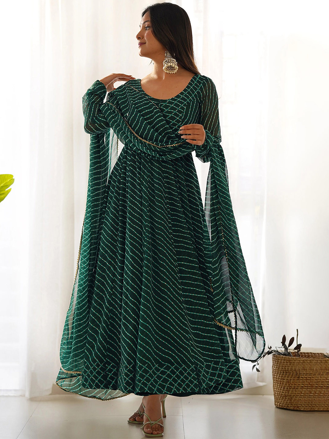 

Kedar Fab Leheriya Printed Round Neck Georgette Anarkali Kurta, Green