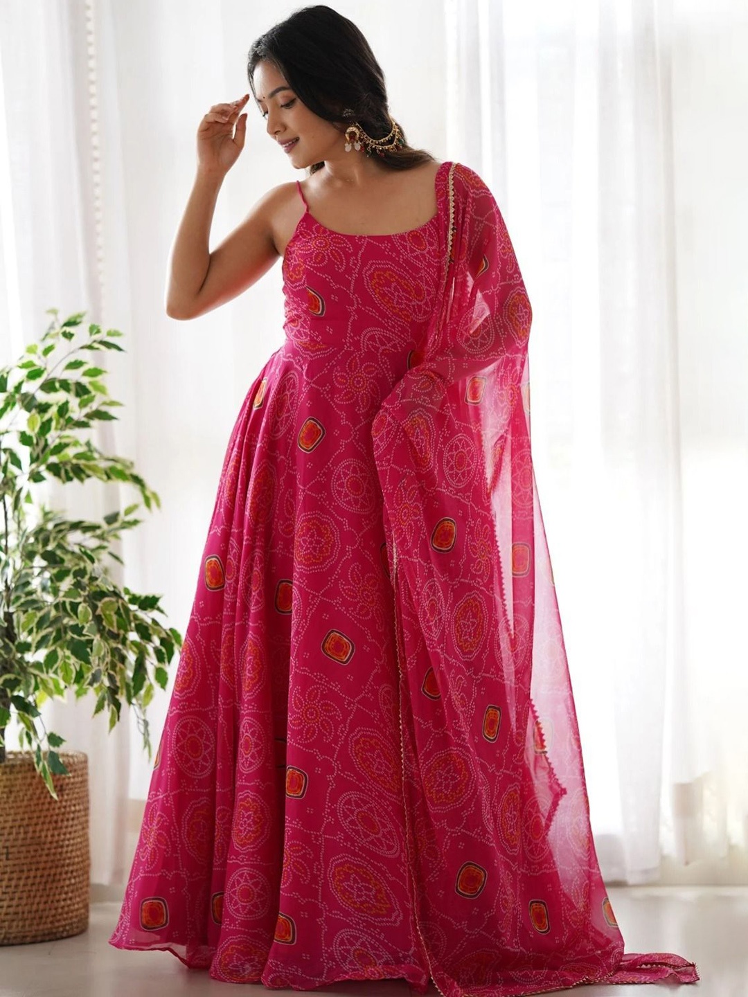 

Kedar Fab Women Bandhani Printed Sleveeless Anarkali Kurta, Pink
