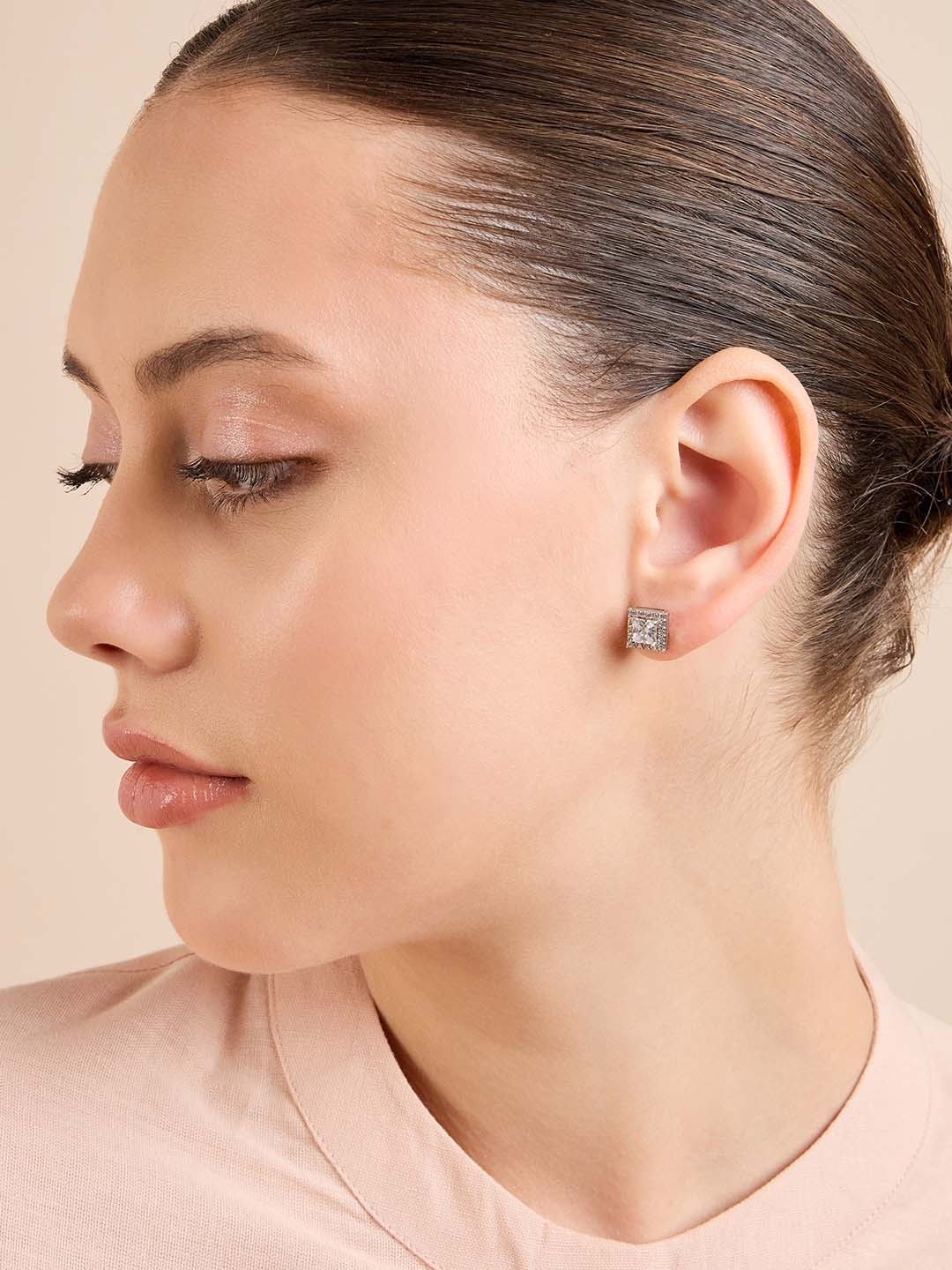 

House of Pataudi Rhodium-Plated 925 Sterling Silver Square Studs Earrings