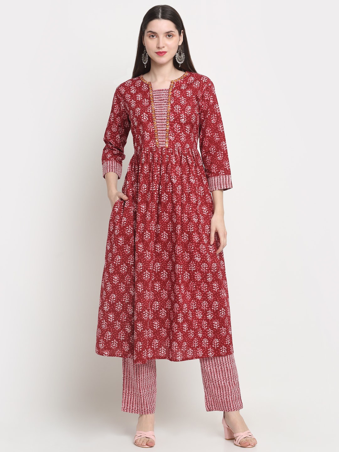 

KALINI Floral Printed Pleated Pure Cotton Kurta with Trouser, Maroon