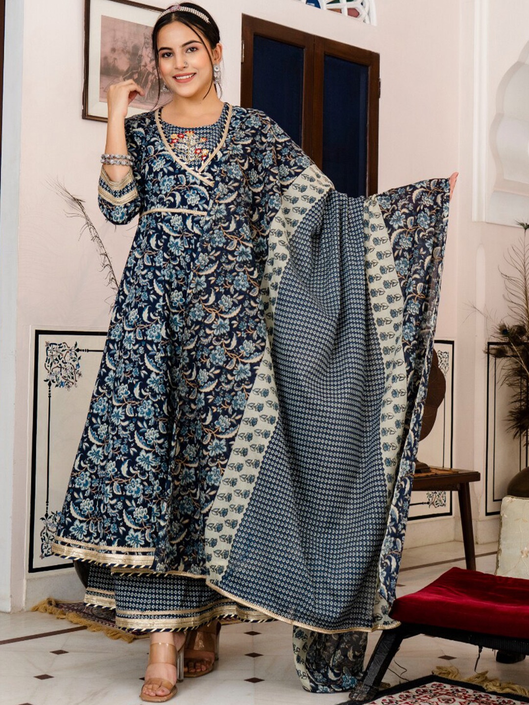 

KALINI Floral Printed Angrakha Anarkali Kurta With Duppatta, Blue