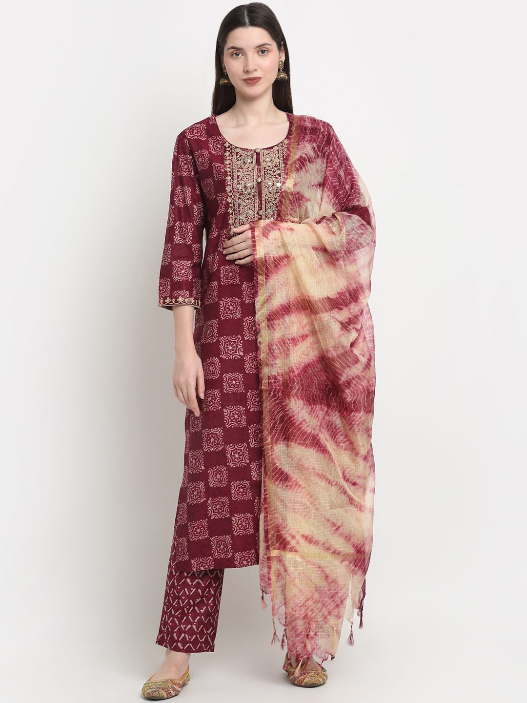 

KALINI Ethnic Motifs Printed Regular Chanderi Silk Kurta with Trouser & Dupatta, Maroon