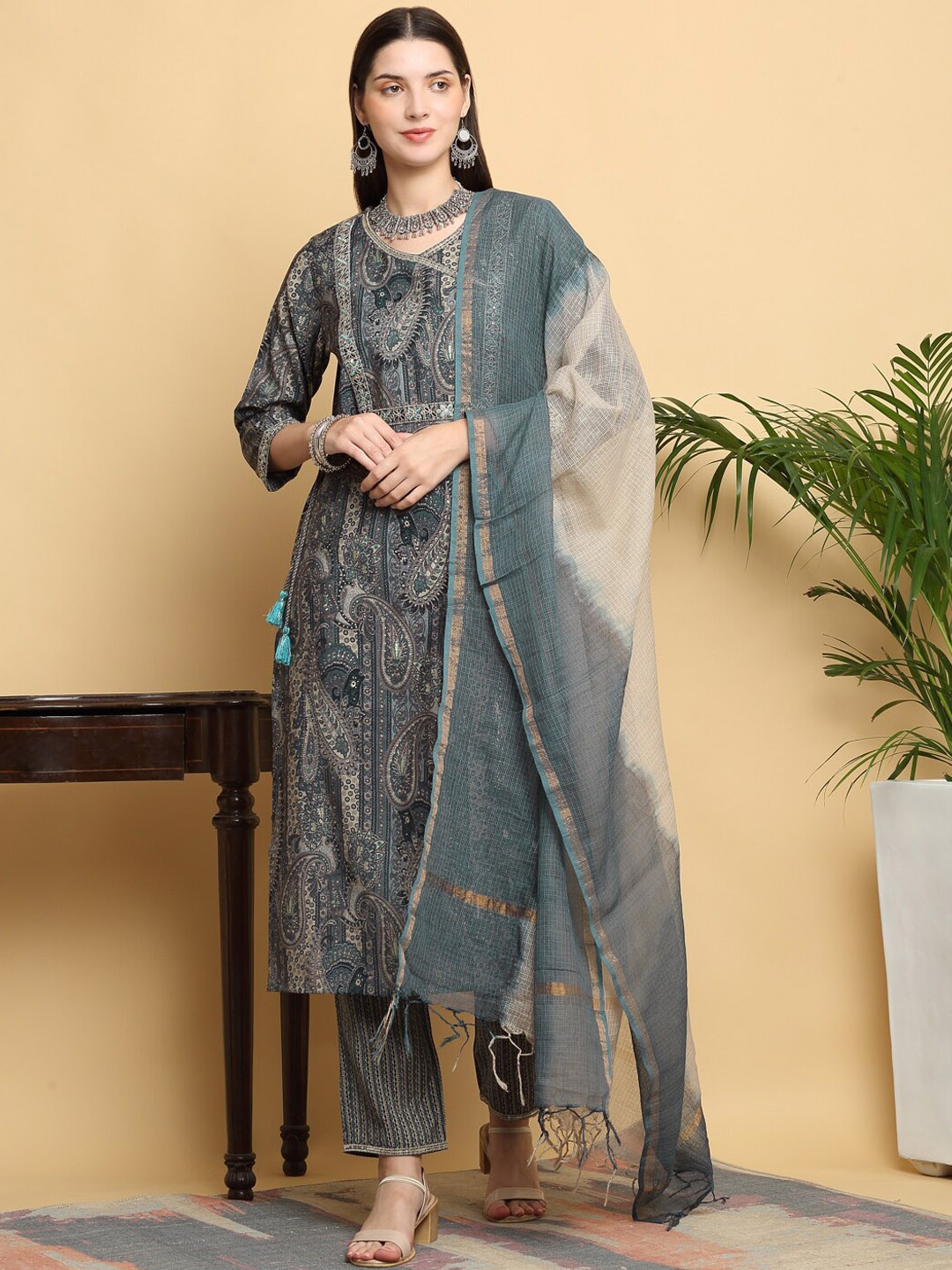 

KALINI Ethnic Motifs Printed Angrakha Chanderi Silk Kurta with Trousers & Dupatta, Grey