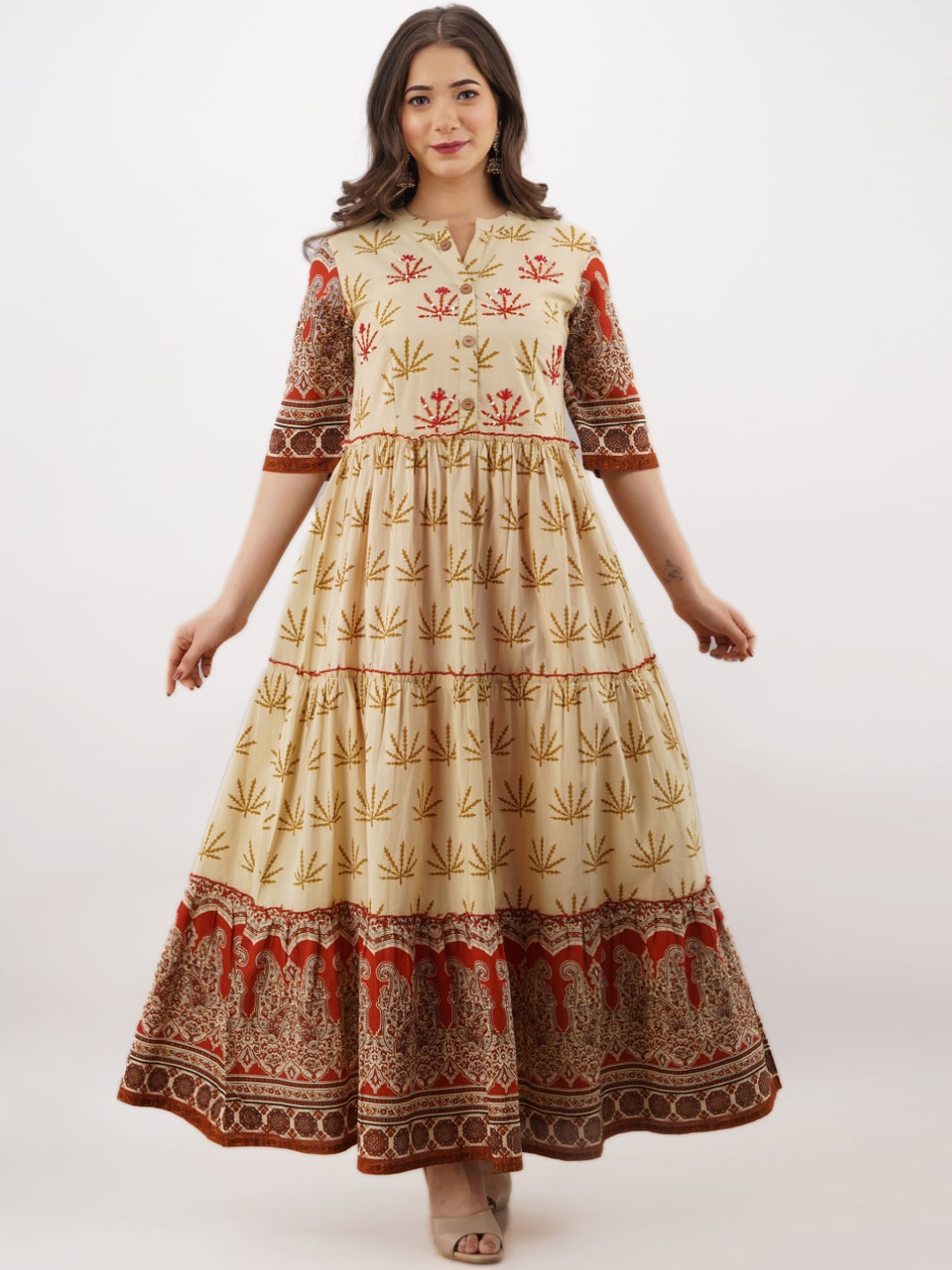 

KALINI Floral Printed Band Collar Tiered Anarkali Kurta, Beige