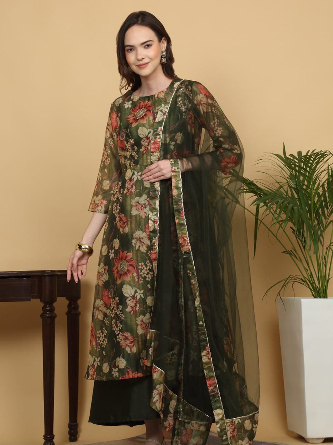 

KALINI Floral Printed Round Neck A-Line Kurta With Dupatta, Green