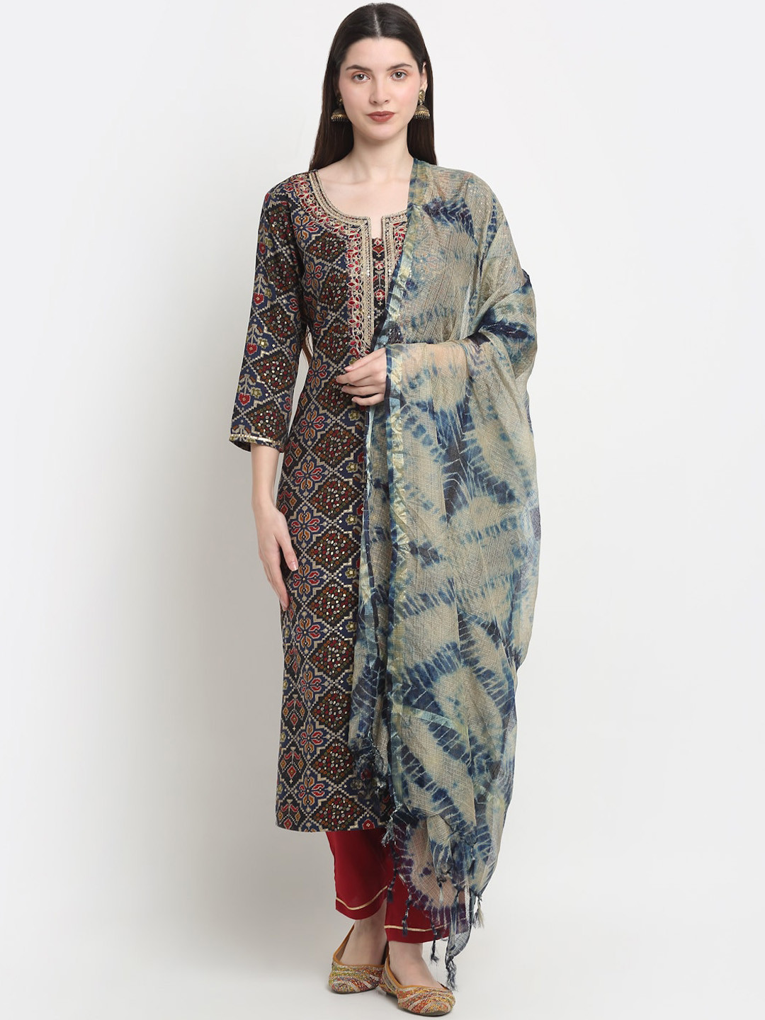

KALINI Ethnic Motifs Printed Regular Gotta Patti Kurta with Trousers & Dupatta, Blue