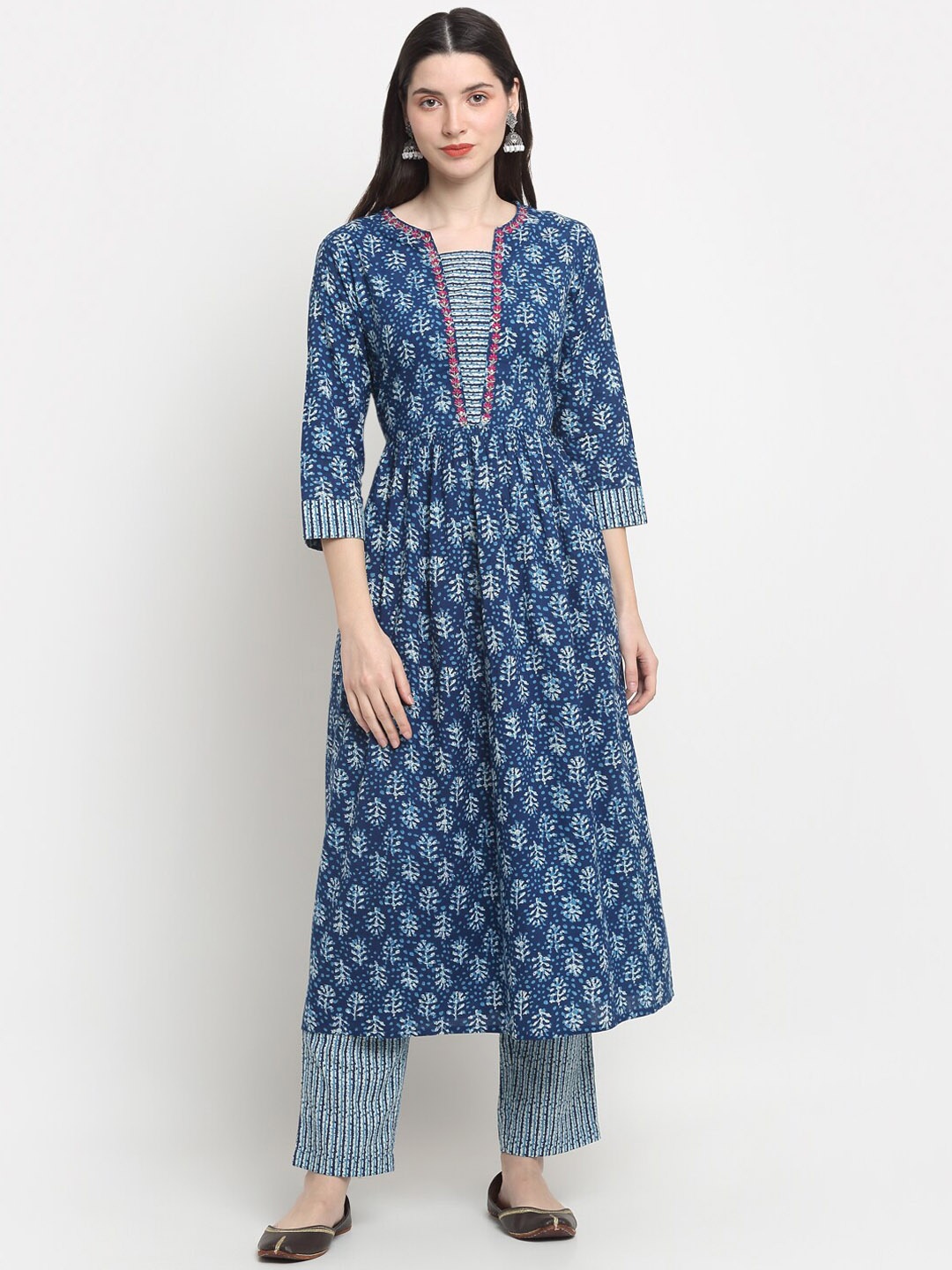 

KALINI Floral Printed Pleated Thread Work Pure Cotton Kurta with Trousers, Blue