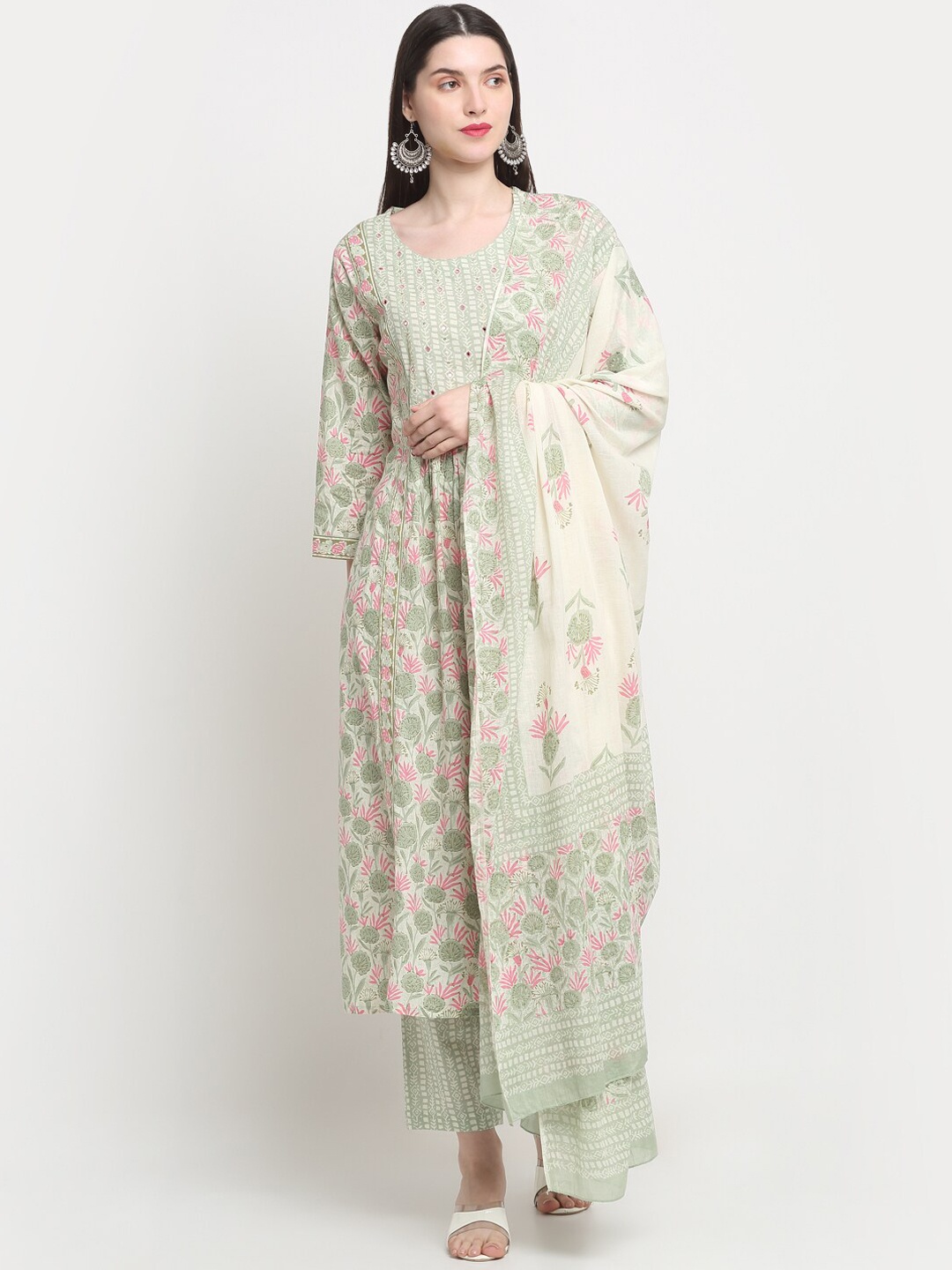 

KALINI Floral Printed Regular Sequinned Pure Cotton Kurta with Trousers & Dupatta, Green