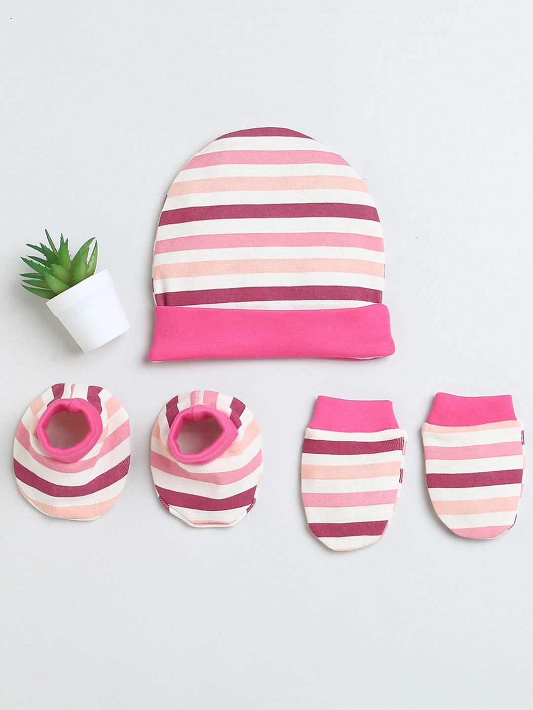 

BUMZEE Infant Girls Striped Cotton Beanie Cap Mitten and Bootie, Beige