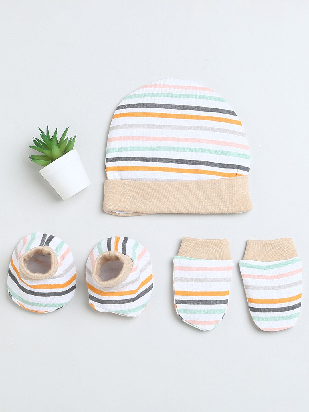 

BUMZEE Infant Boys Striped Cotton Beanie With Mitten & Booties, White