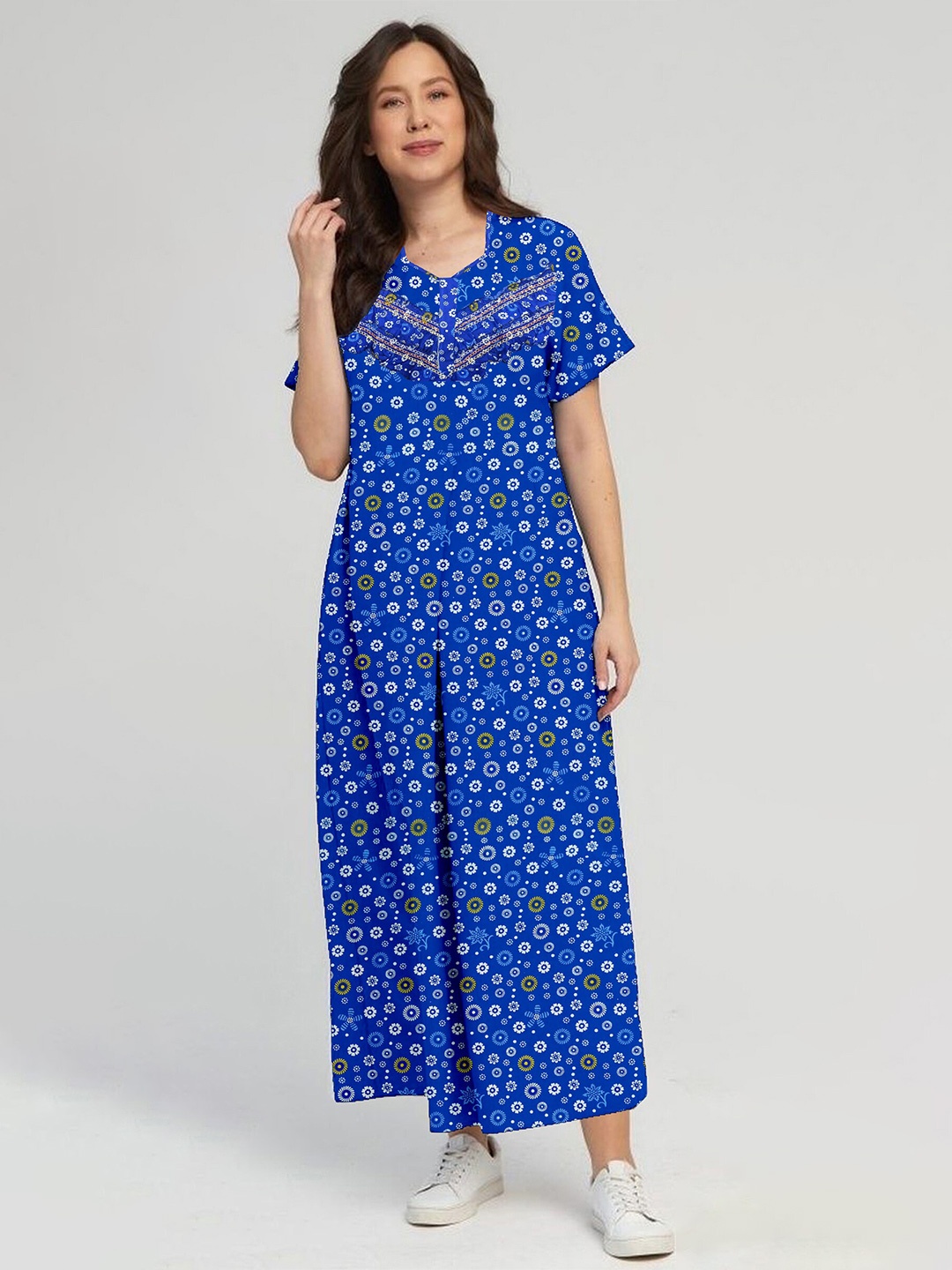 

CAMISON Floral Printed Pure Cotton Maxi Nightdress, Blue