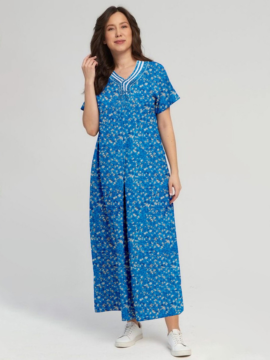 

CAMISON Floral Printed Pure Cotton Maxi Nightdress, Blue