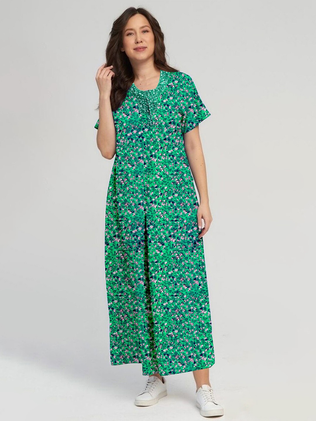 

CAMISON Floral Printed Pure Cotton Maxi Nightdress, Green