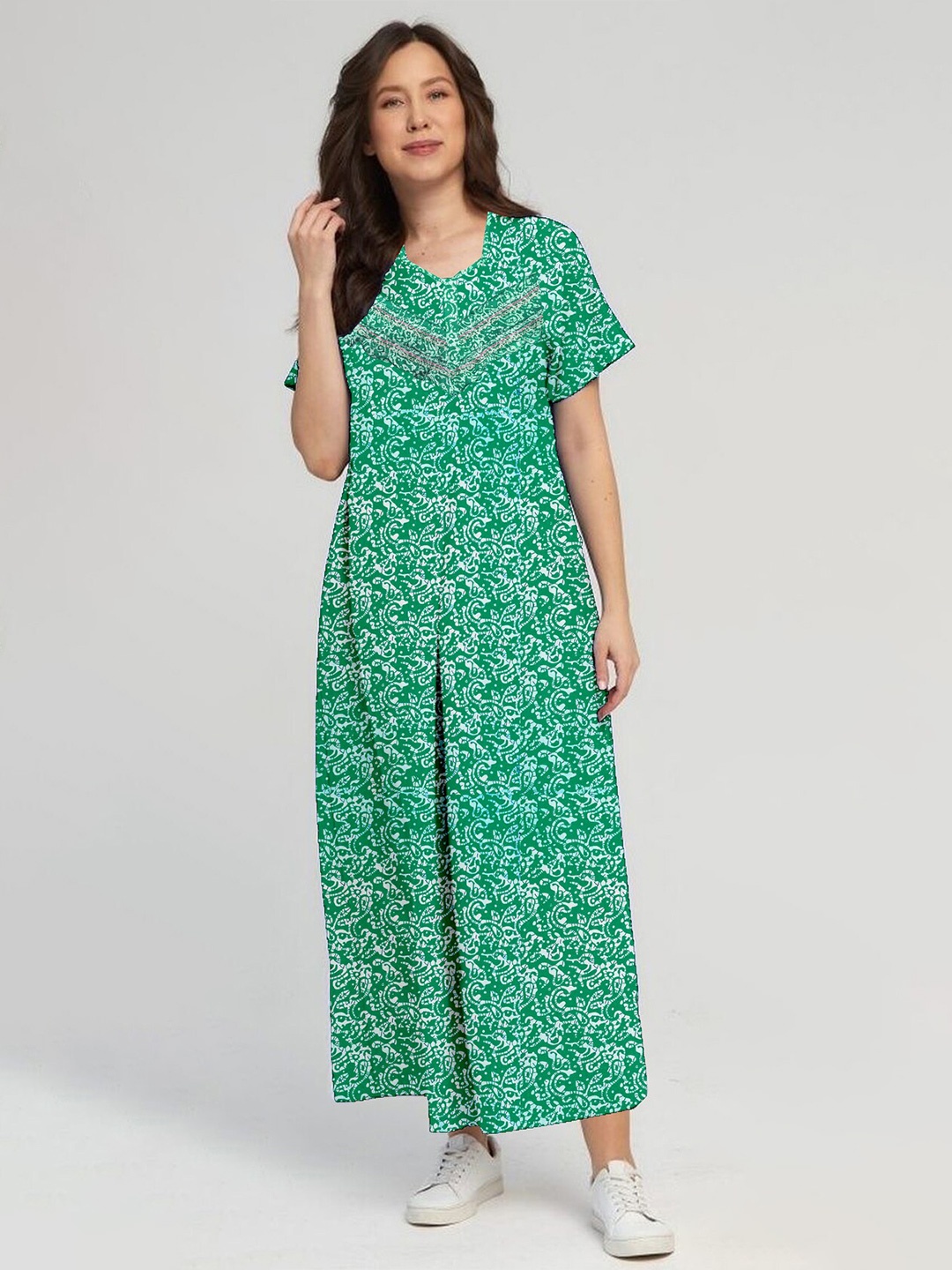 

CAMISON Printed Pure Cotton Gown Ethnic Dresses, Green