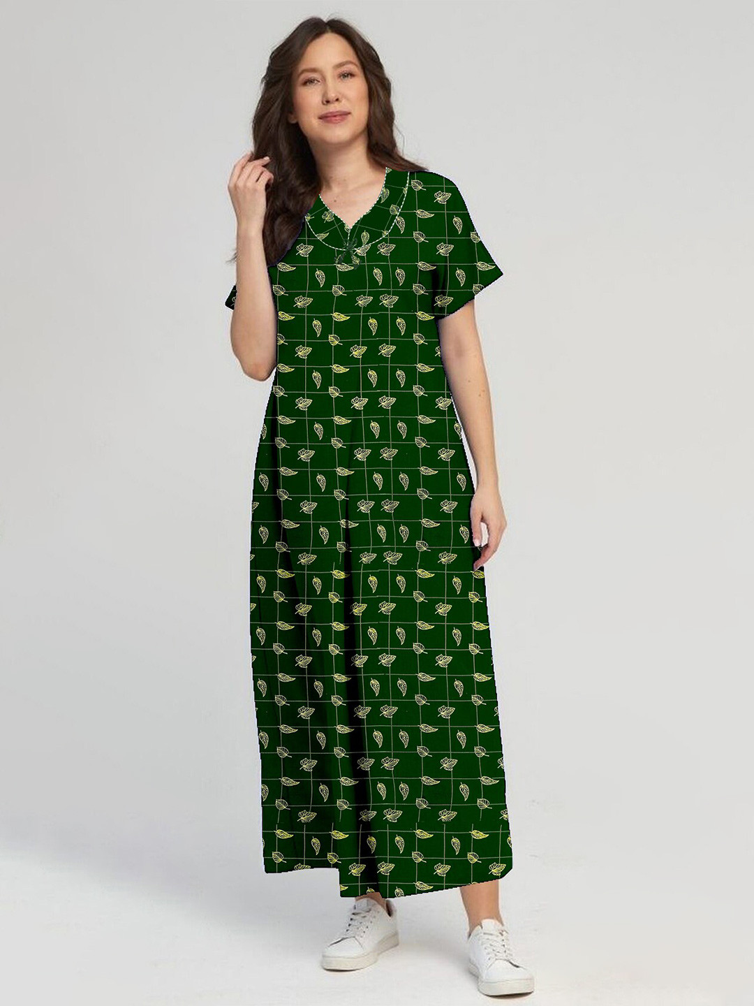 

CAMISON Printed Pure Cotton Gown Ethnic Dresses, Green