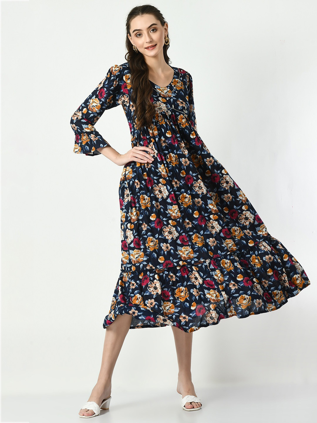 

AnjuShree Choice Floral Printed V-Neck Bell Sleeves Fit & Flare Midi Ethnic Dress, Blue