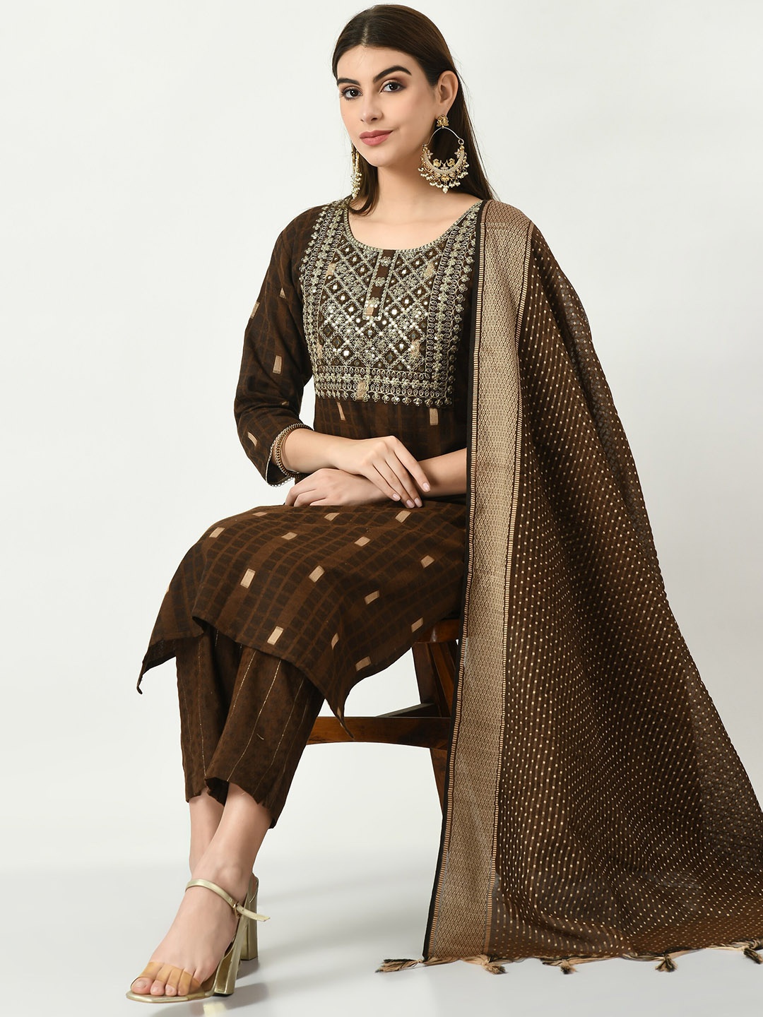 

AnjuShree Choice Ethnic Motifs Embroidered Straight Kurta with Trousers & Dupatta, Brown