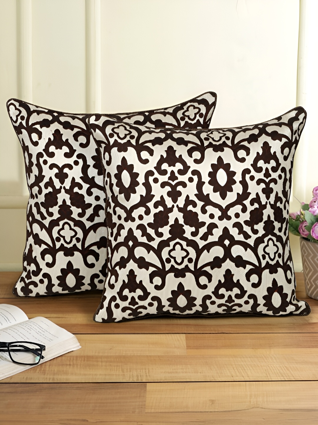 

eyda Brown & White 2 Pieces Embroidered Square Cushion Covers