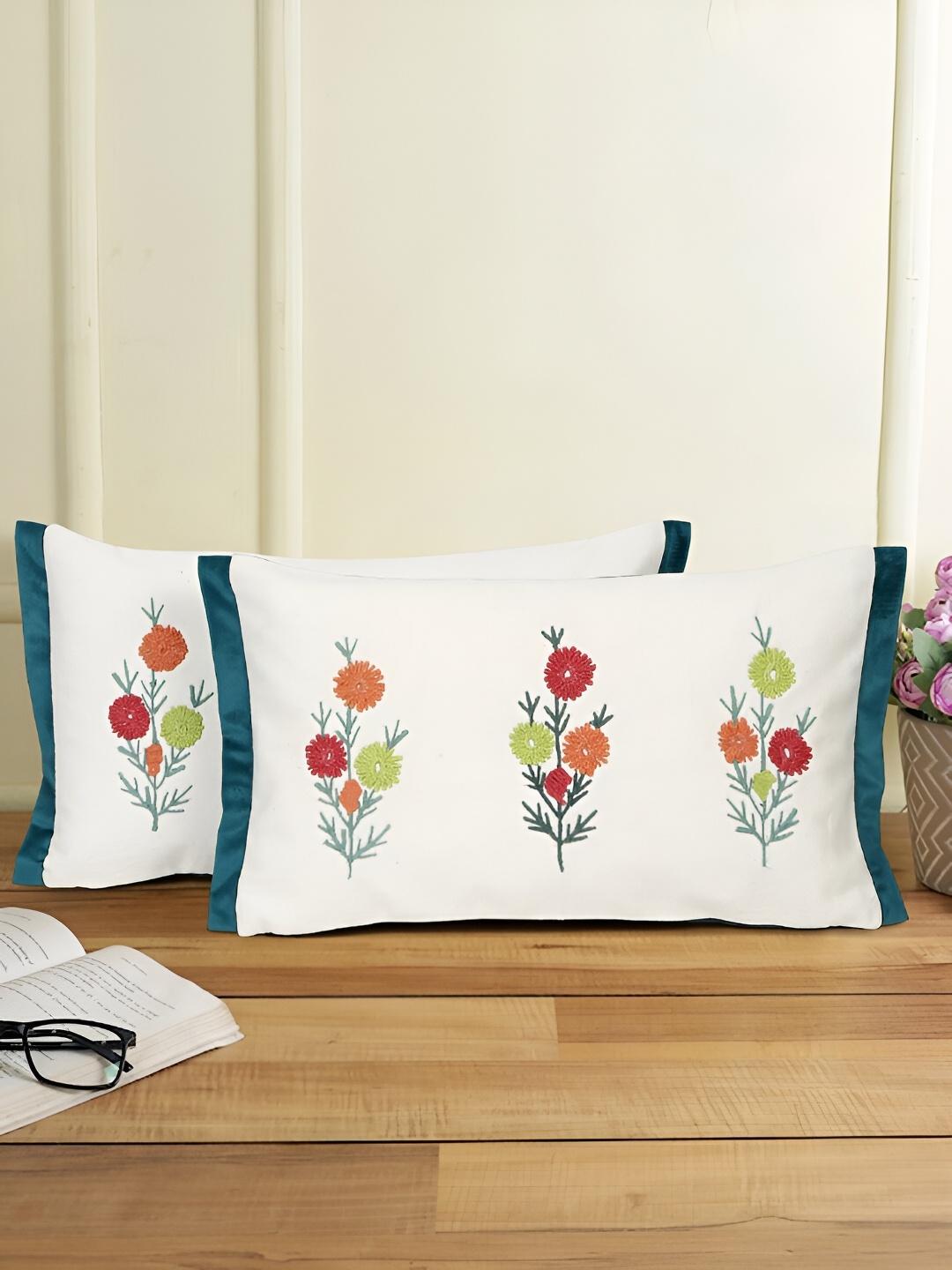

eyda White & Blue 2 Pieces Floral Printed Rectangle Cotton Cushion Covers