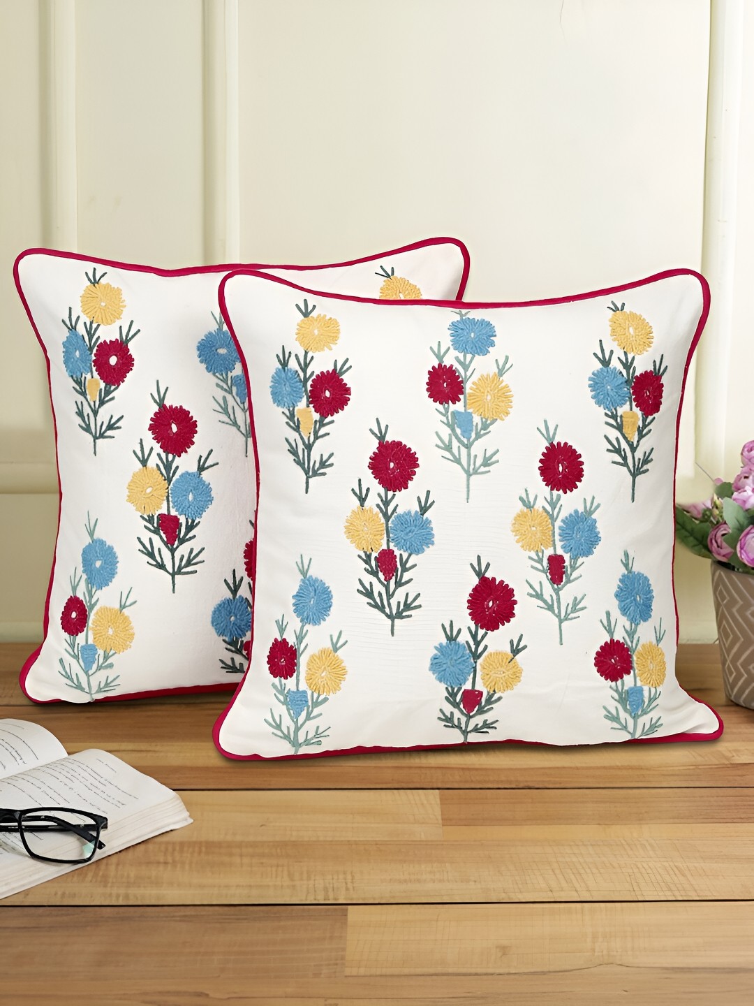 

eyda White & Pink 2 Pieces Embroidered Square Cotton Cushion Covers