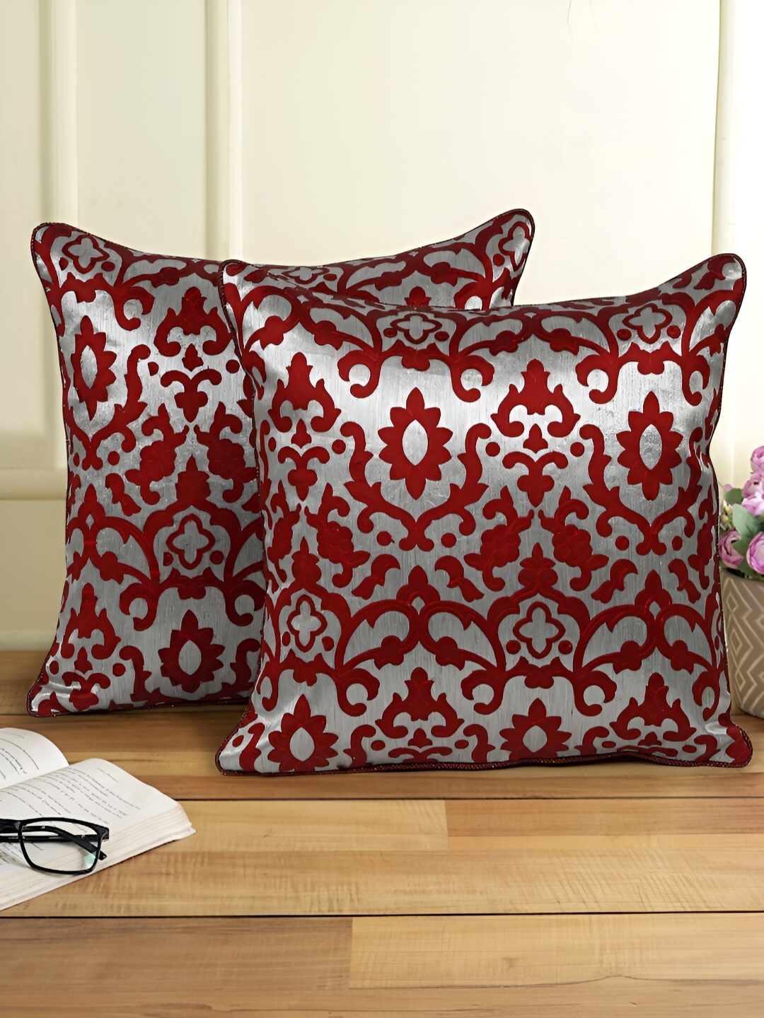 

eyda Red & Grey 2 Pieces Ethnic Motifs Square Cushion Covers