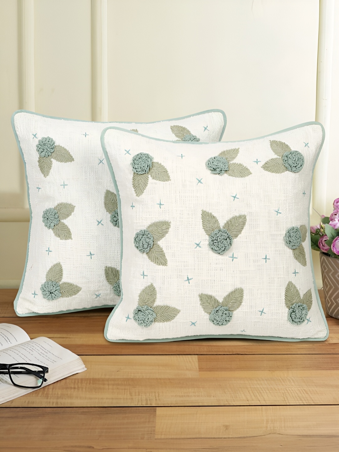 

eyda Sea Green & White 2 Pieces Embroidered Square Cotton Cushion Covers