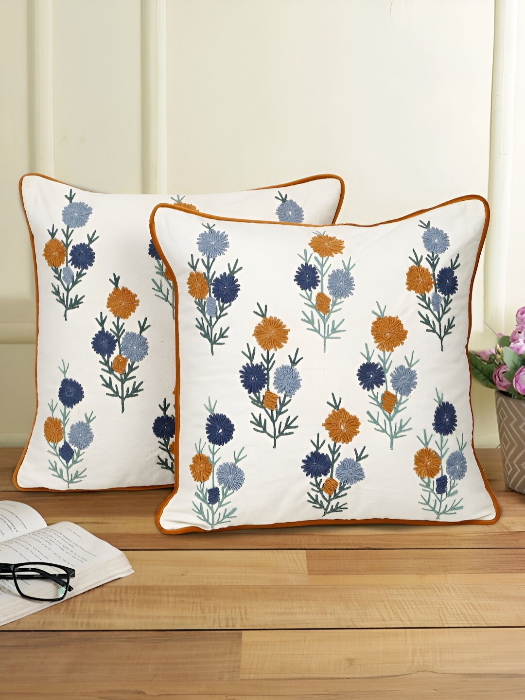 

eyda White & Orange 2 Pieces Embroidered Square Cotton Cushion Covers