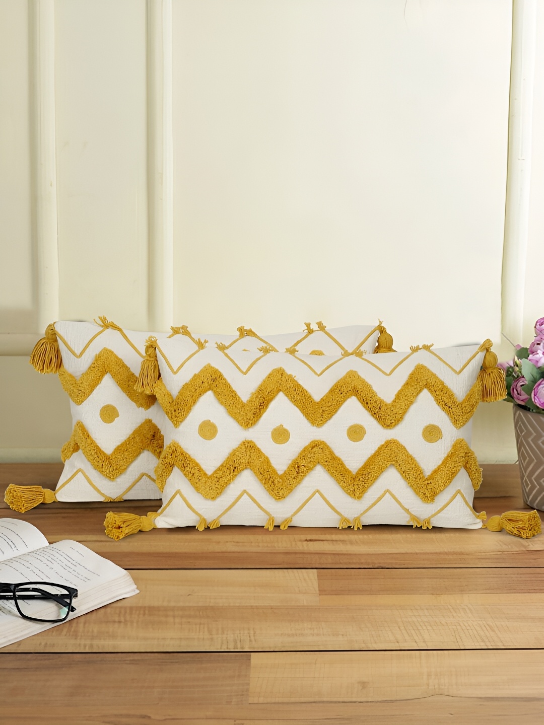 

eyda Yellow & White 2 Pieces Embroidered Rectangle Cotton Cushion Covers