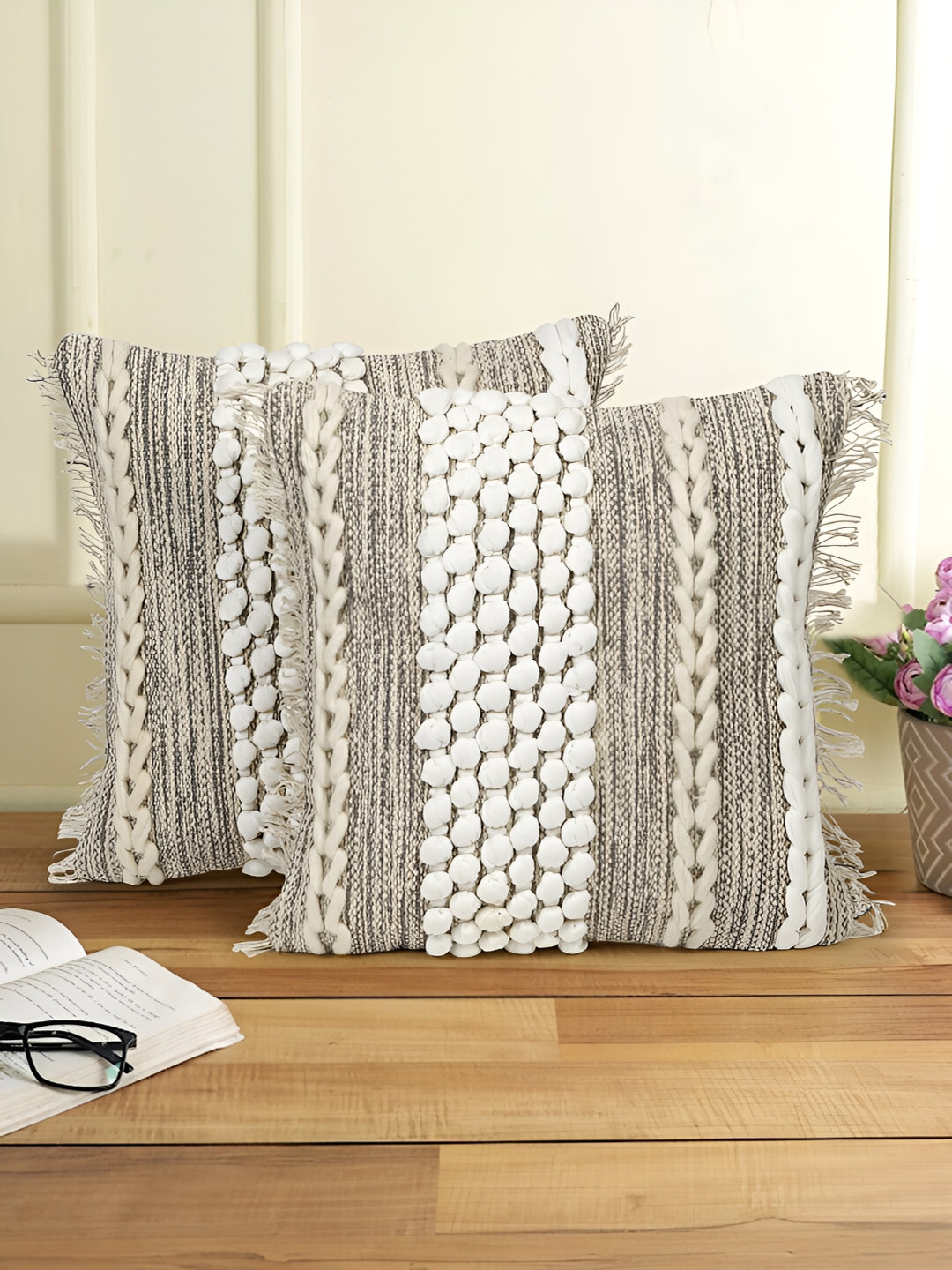

eyda Grey & White 2 Pieces Embroidered Square Cotton Cushion Covers