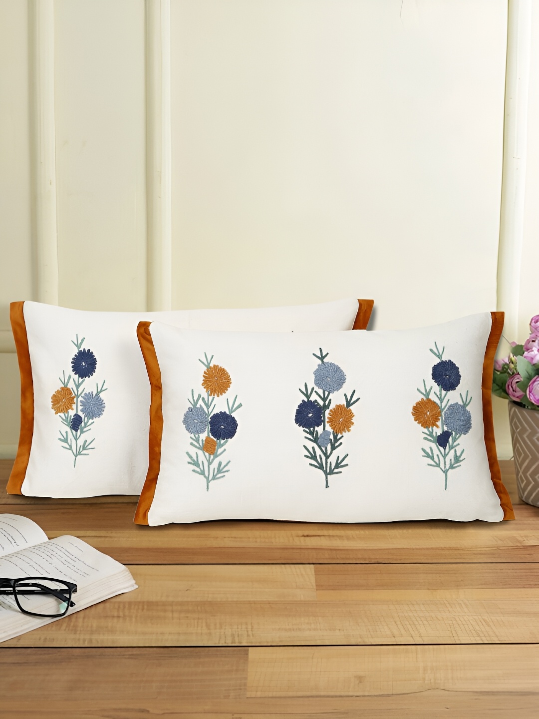 

eyda White & Orange 2 Pieces Embroidered Rectangle Cotton Cushion Covers