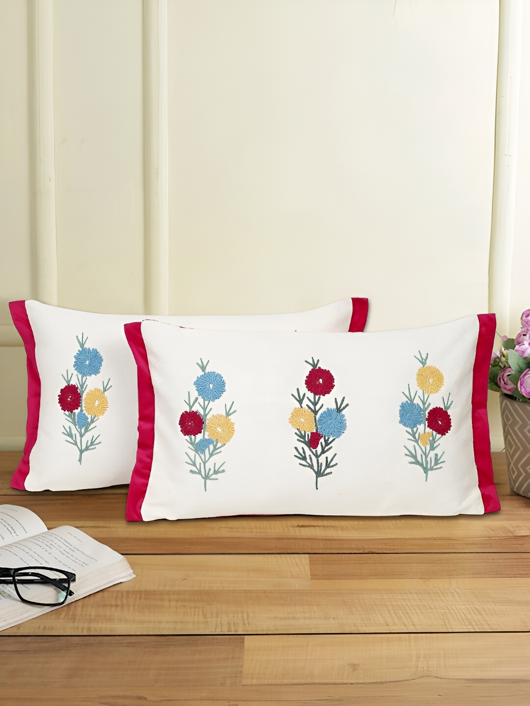

eyda White & Red 2 Pieces Embroidered Rectangle Cotton Cushion Covers