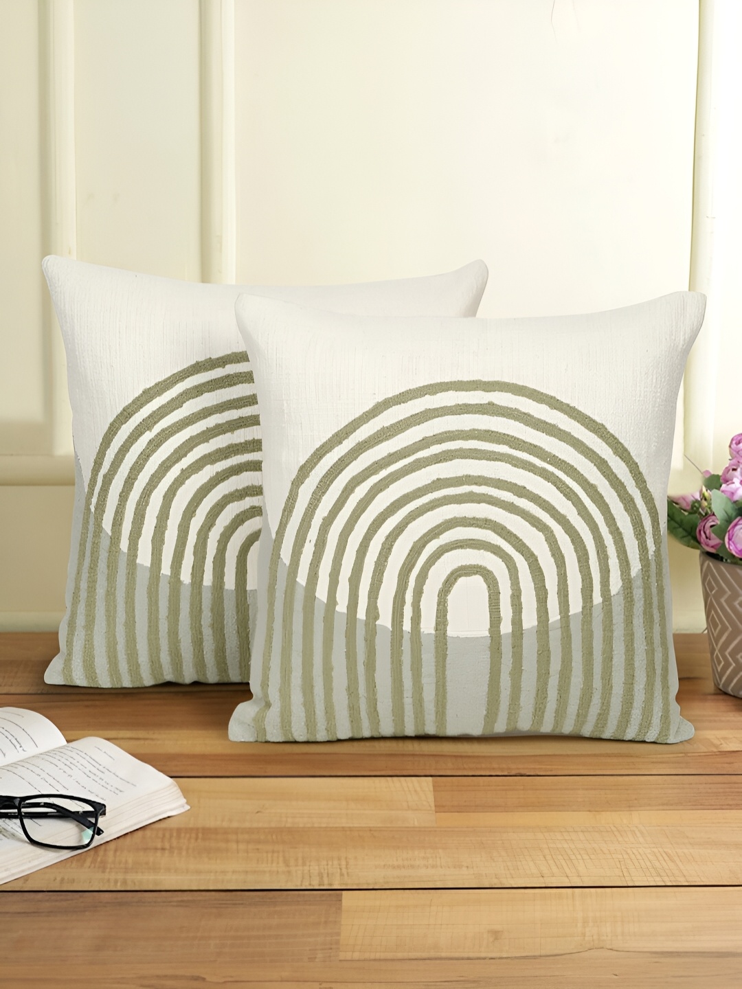 

eyda Green & White 2 Pieces Embroidered Square Cotton Cushion Covers