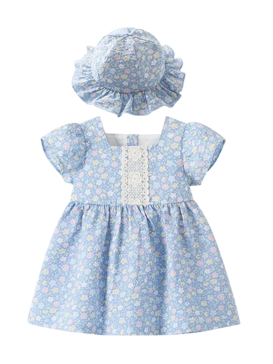 

StyleCast Girls Floral Print Puff Sleeve Pure Cotton Fit & Flare Dress, Blue