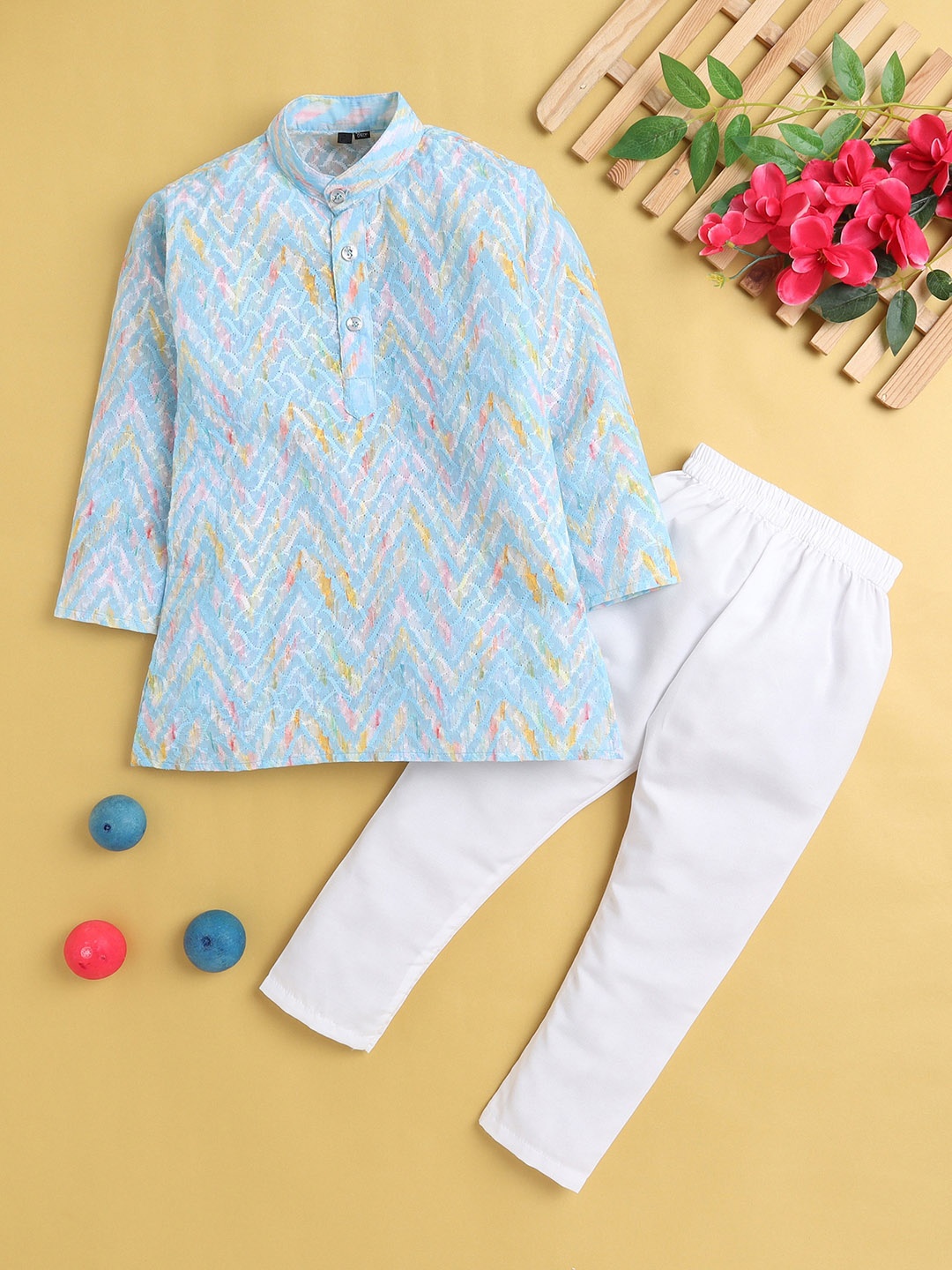 

Jeetethnics Boys Printed Mandarin Collar Regular Straight Kurta With Pyjamas, Blue