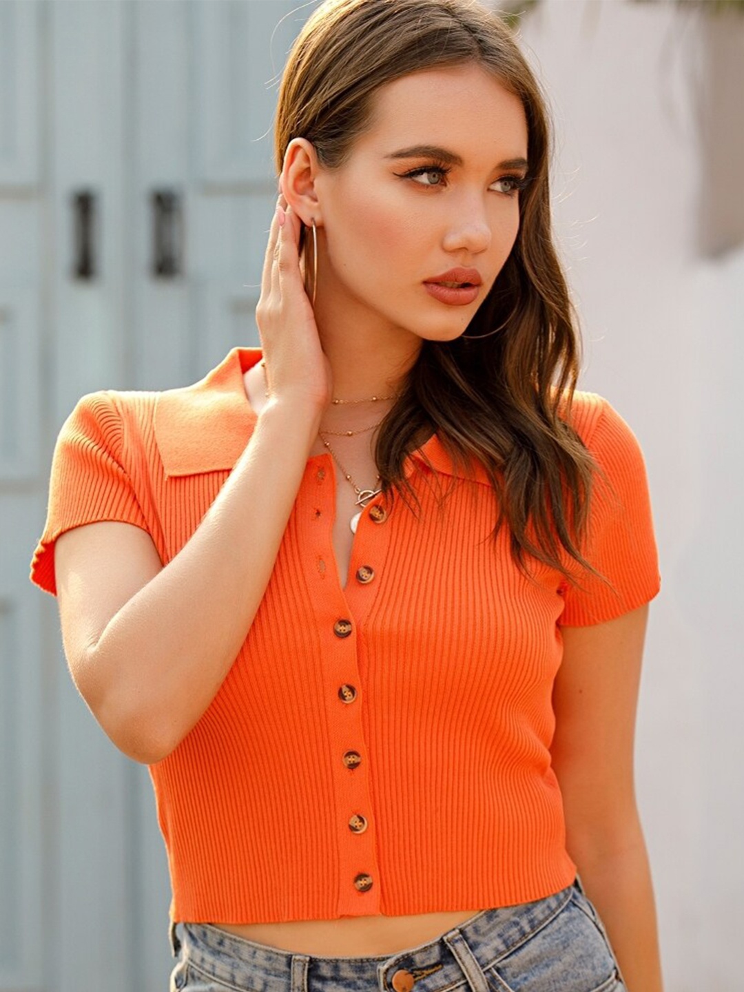 

StyleCast Orange Shirt Collar Regular Crop Top