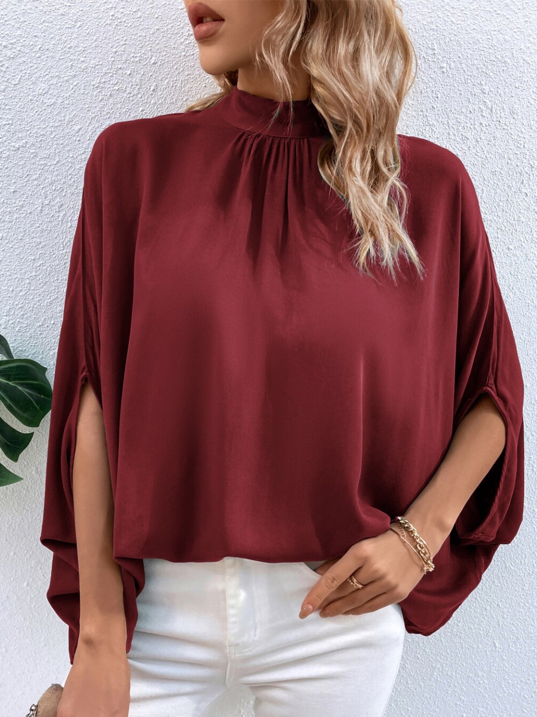 

StyleCast Red High Neck Batwing Sleeve Regular Top