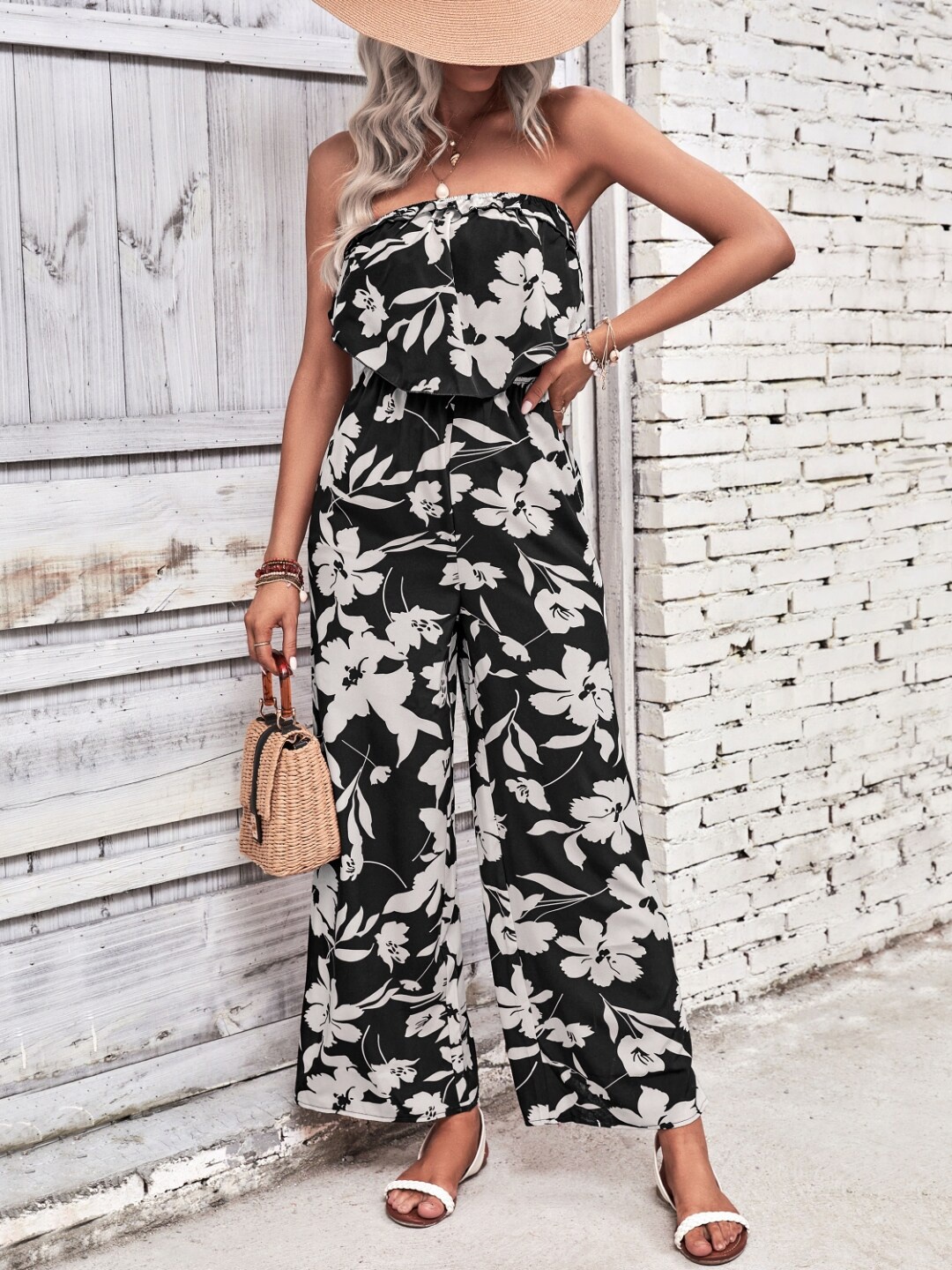 

StyleCast Black Strapless Printed Basic Jumpsuit