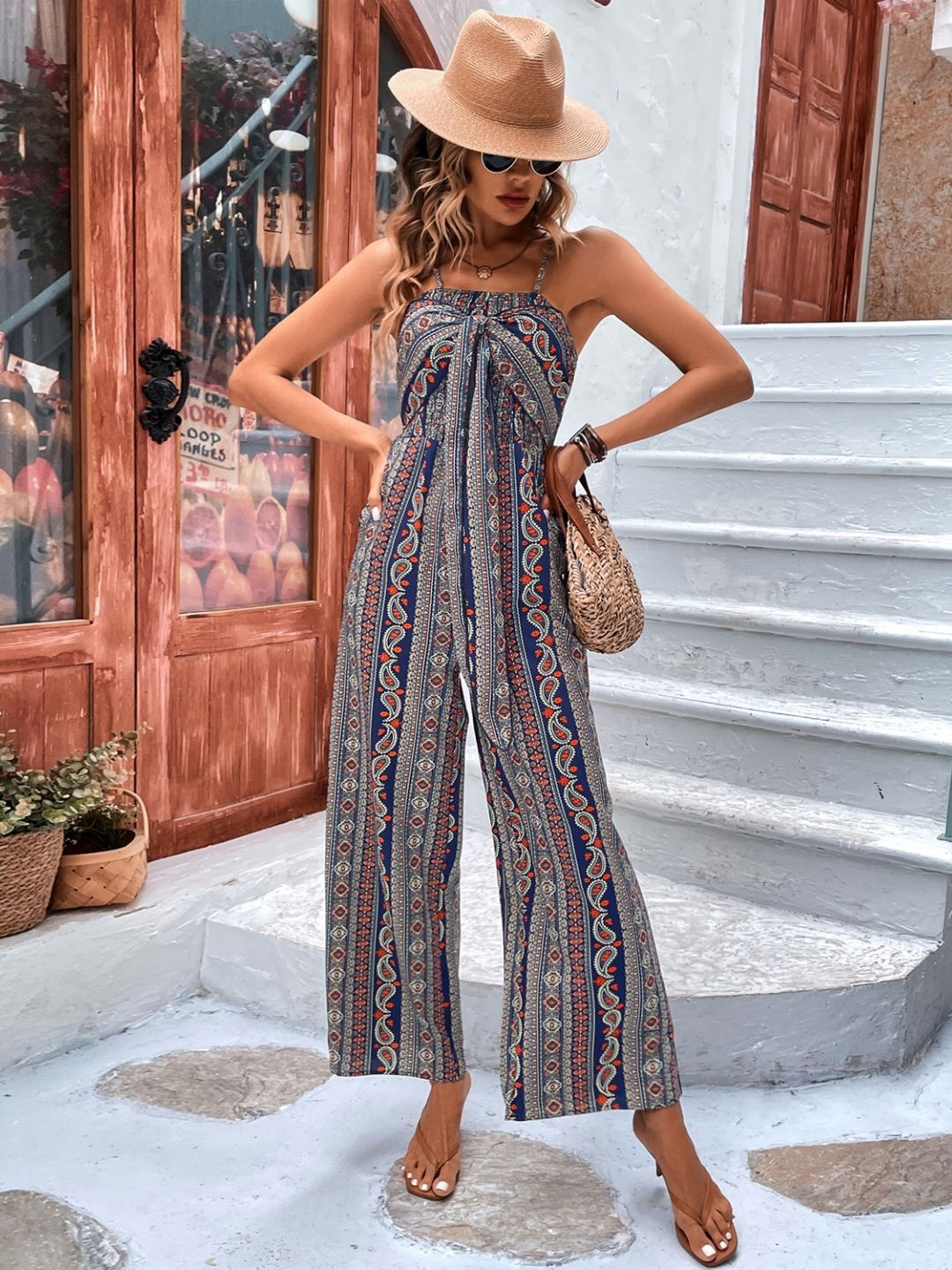 

StyleCast Blue Shoulder Straps Printed Basic Jumpsuit