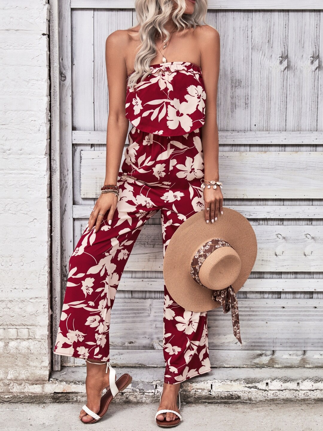 

StyleCast Red Off-Shoulder Printed Basic Jumpsuit