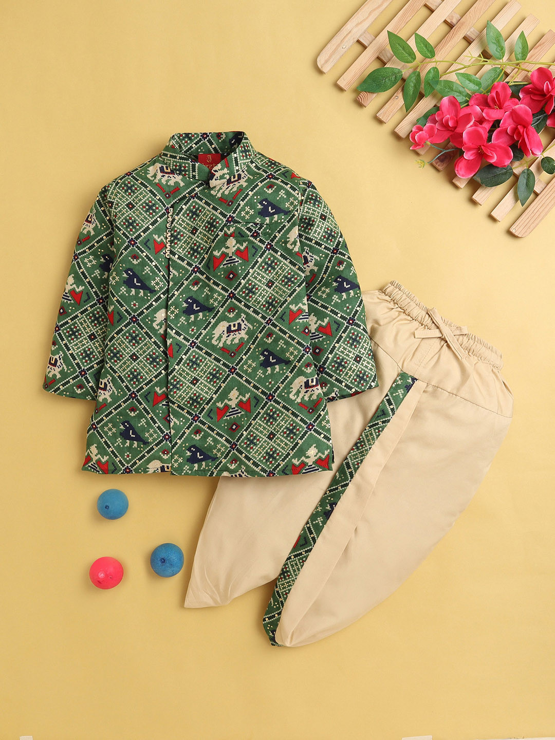 

Jeetethnics Boys Ethnic Motifs Mandarin Collar Regular Straight Kurta With Dhoti Pants, Green