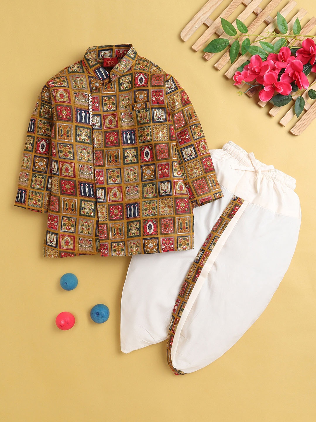 

Jeetethnics Boys Ethnic Motifs Mandarin Collar Regular Straight Kurta With Dhoti Pants, Brown