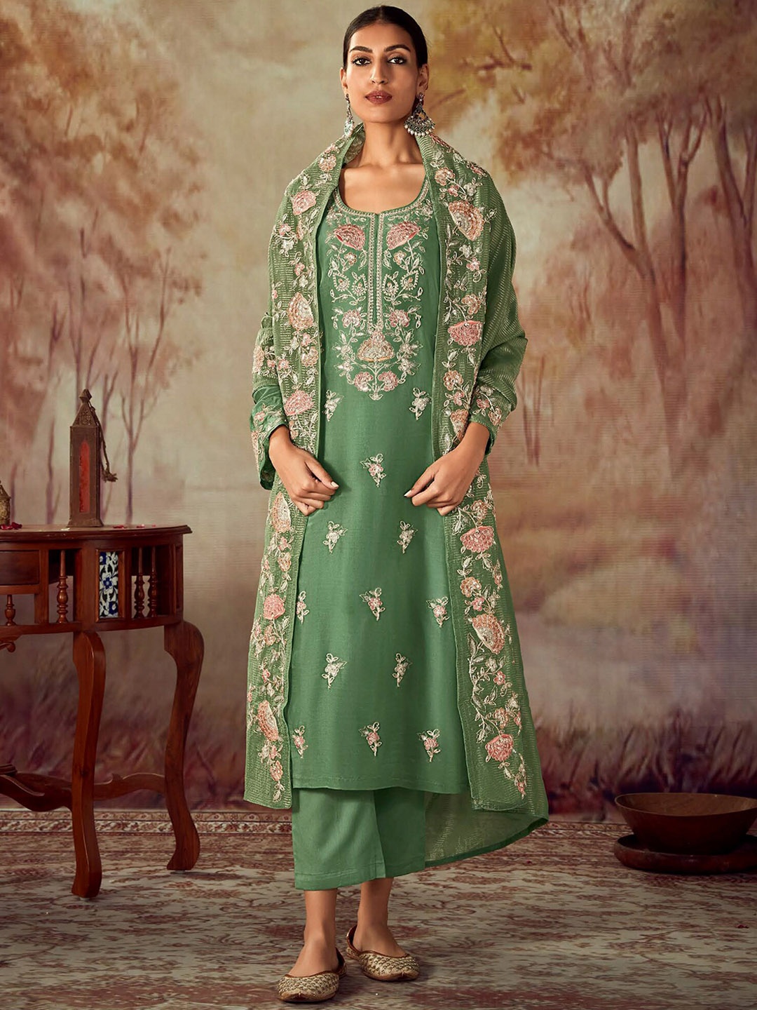 

Indo Era Floral Embroidered Regular Thread Work Straight Kurta With Trousers & Dupatta, Green