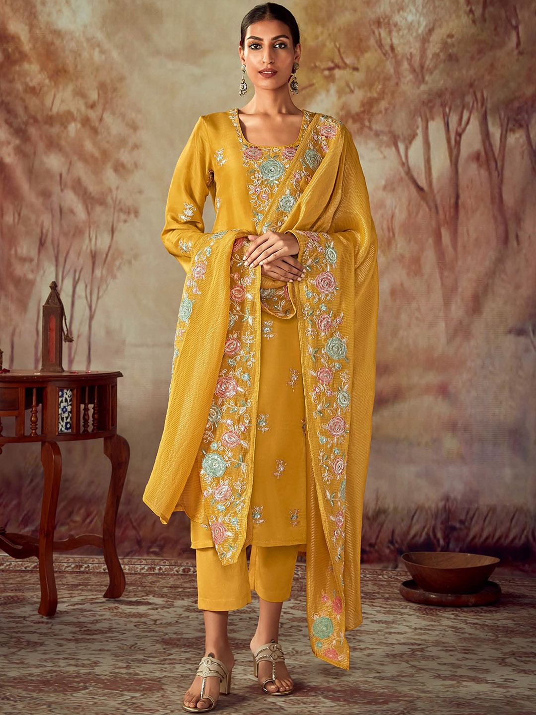 Indo Era Floral Embroidered Regular Thread Work Straight Kurta With Trousers & Dupatta, Mustard
