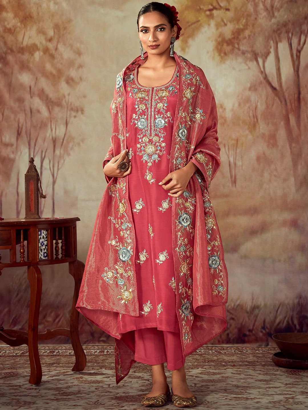 

Indo Era Floral Embroidered Regular Thread Work Straight Kurta With Trousers & Dupatta, Rust