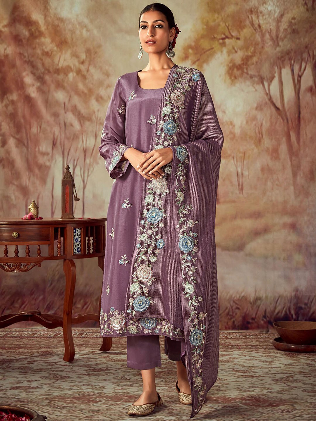 

Indo Era Floral Embroidered Regular Thread Work Straight Kurta With Trousers & Dupatta, Lavender