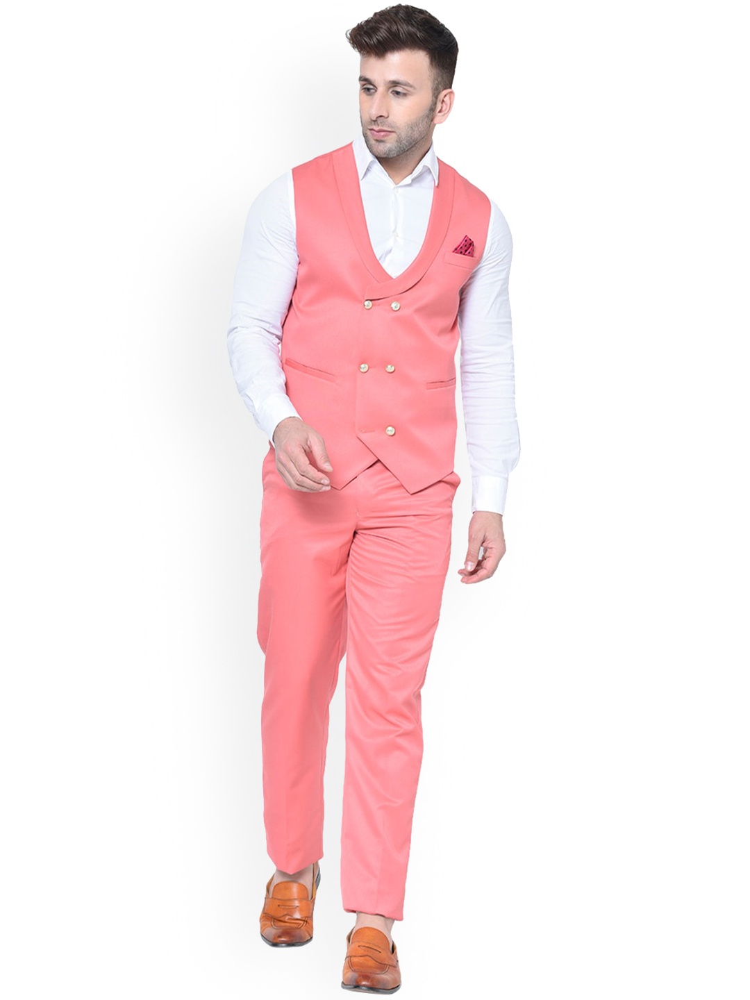 

REFULGENT Men Double-Breasted Shawl Collar Two-Piece Party Suit, Pink