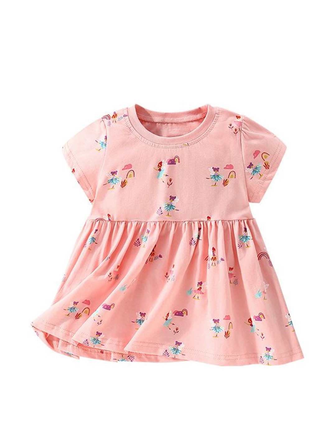 

StyleCast Peach Round Neck Floral Printed Cotton Fit and Flare Dress, Pink