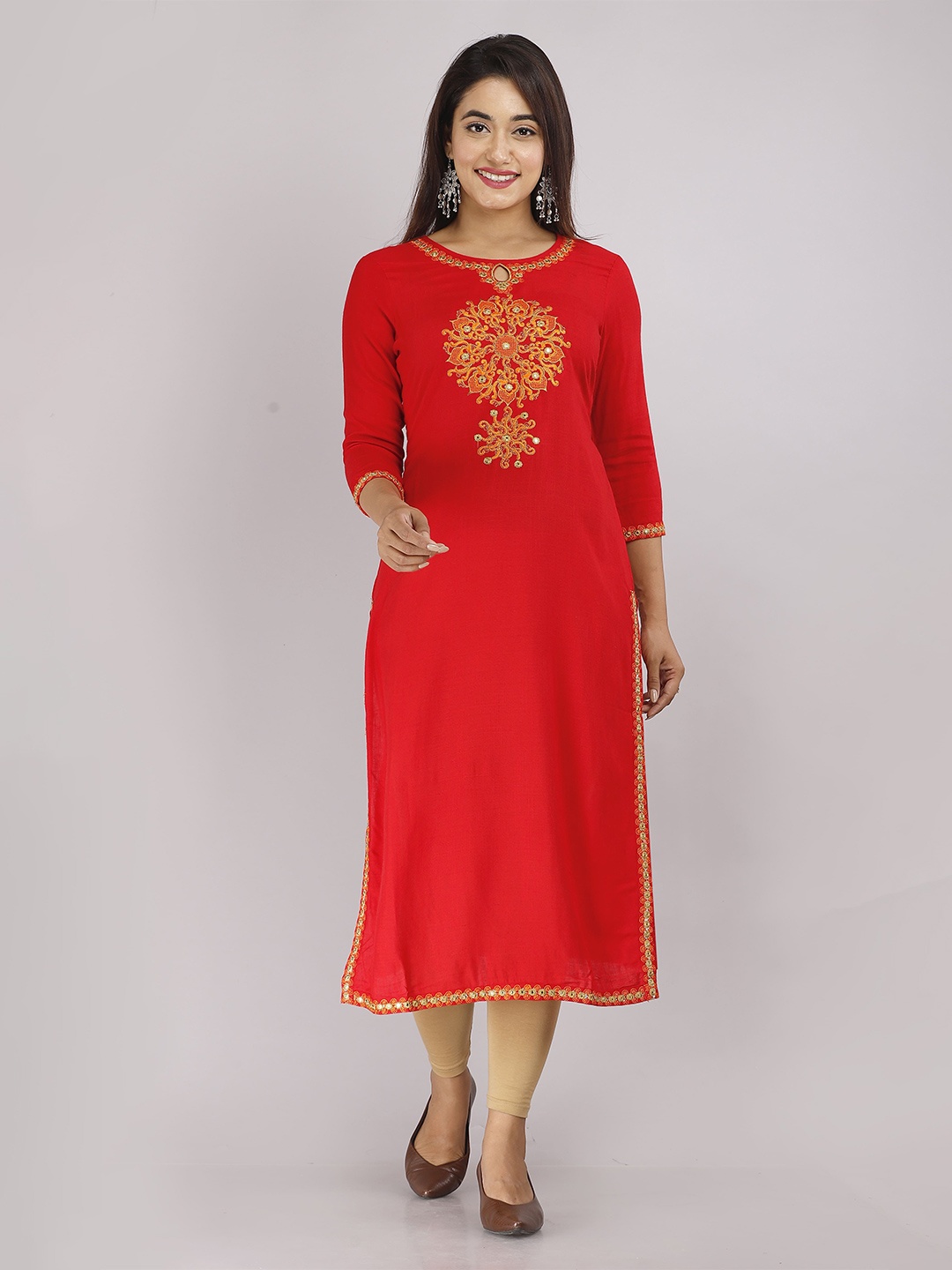 

STYLE ANGEL Ethnic Motifs Embroidered Floral Kurta, Red