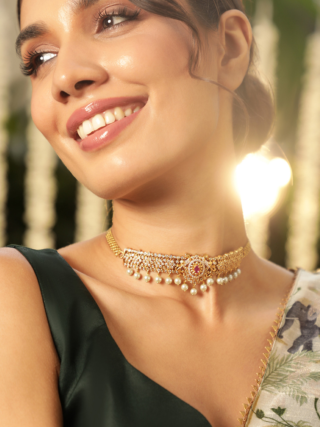 

Rubans 22K Gold Plated Pink & AAA CubicZirconia Studded Pearls Accents Choker Necklace Set