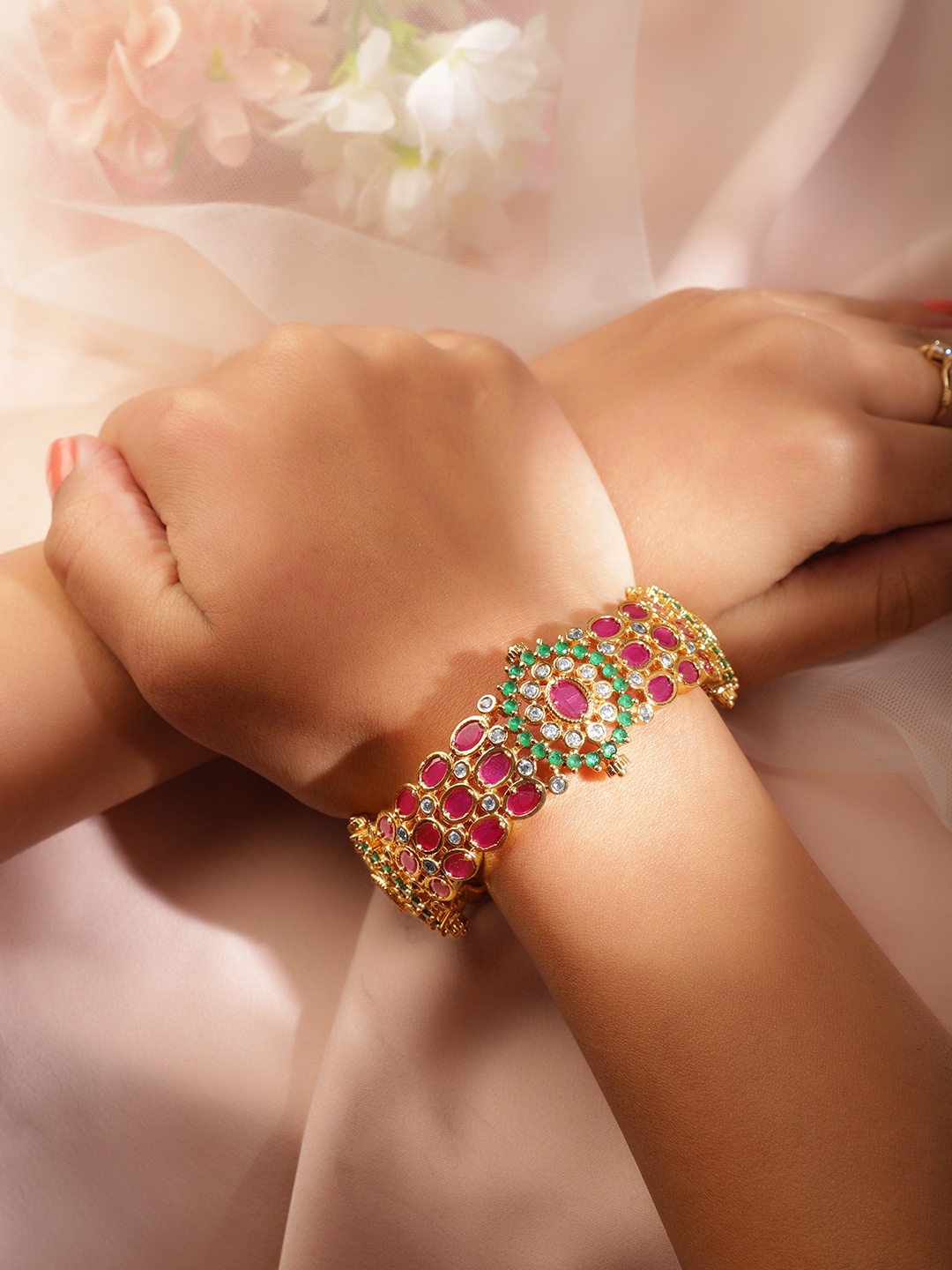 

Rubans Set of 2 22K Gold Plated Crystal Pink,Emerald & CZ Studded Traditional Bangles